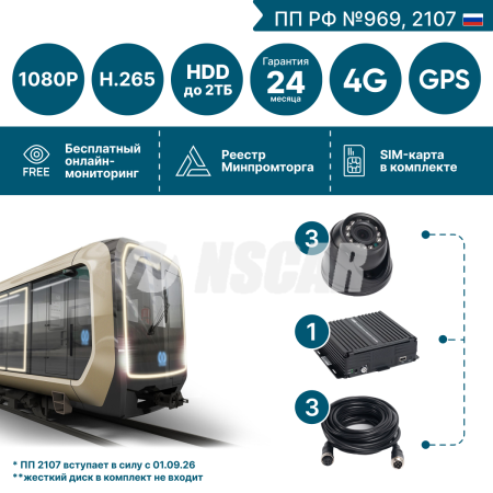 Комплект видеонаблюдения на 3 камеры NSCAR 301 HDD_FullHD - ООО "Где Авто"